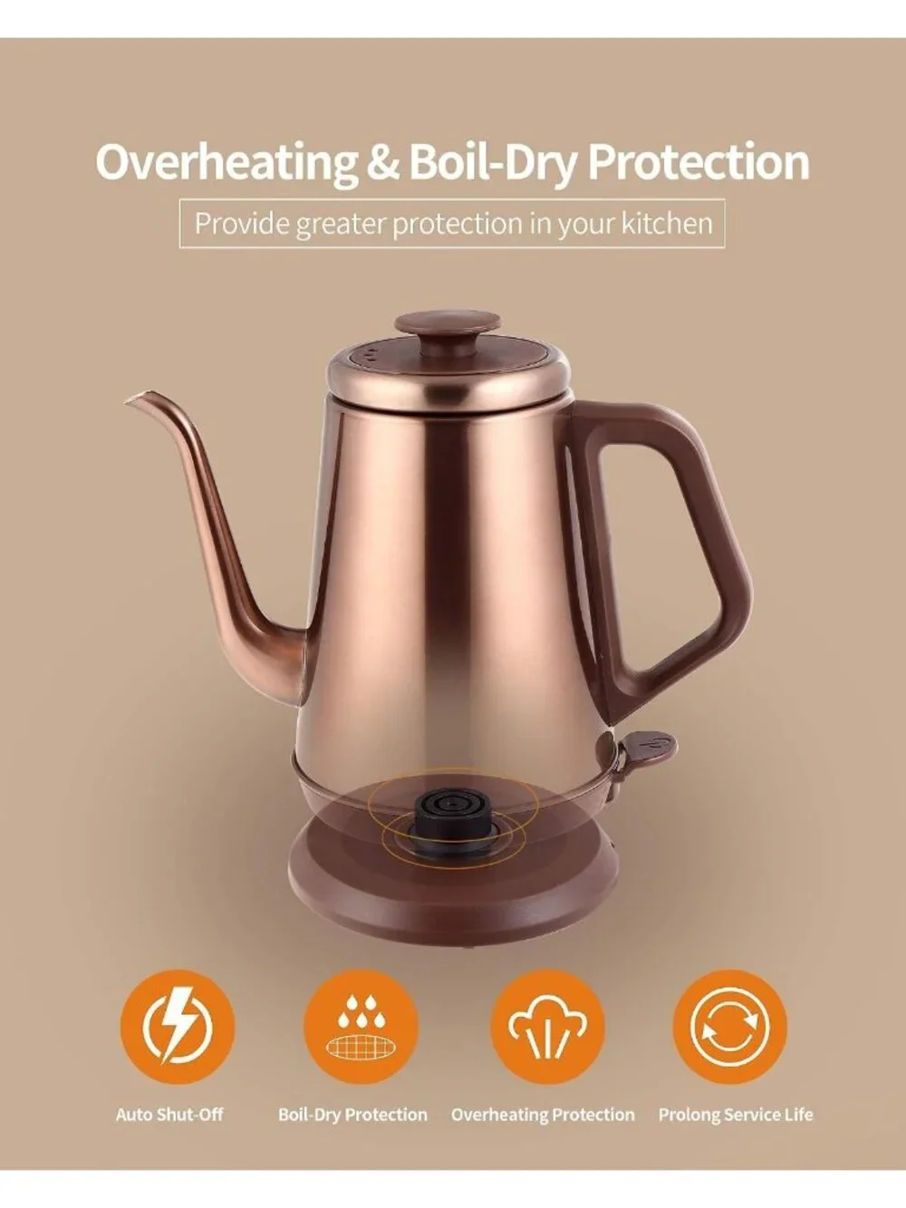 1.0L Copper Gooseneck Electric Kitchen Kettle Stainless Steel BPA Free Pour Over
